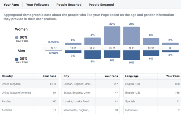 رؤى فيسبوك بيانات التركيبة السكانية للجمهور.