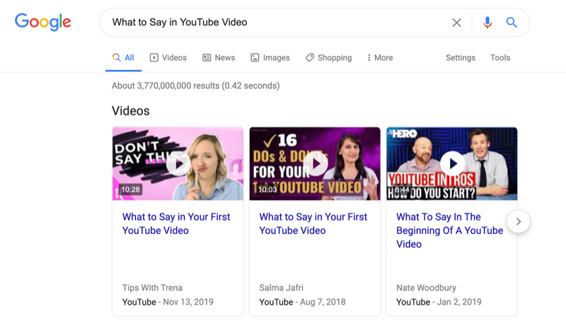 لقطة شاشة لبحث google عما يجب قوله في فيديو youtube مع ملاحظة نتائج البحث عن الفيديو