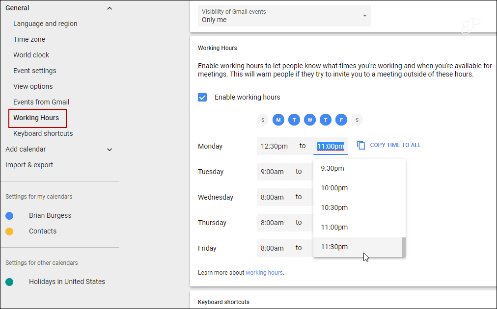 تعيين ساعات العمل للأيام الفردية تقويم Google