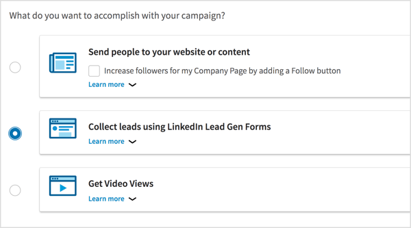 حدد جمع العملاء المحتملين باستخدام LinkedIn Lead Gen Forms كهدف حملتك.