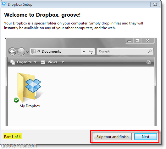لقطة شاشة Dropbox - تخطي نصب "الجولة"