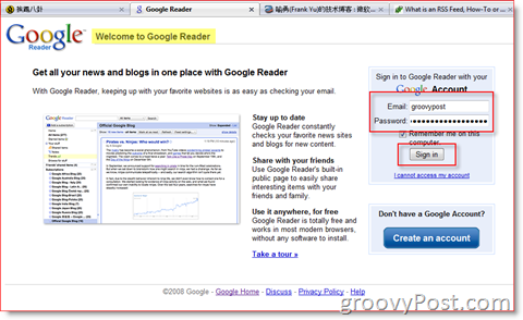 صفحة تسجيل الدخول إلى Google Reader:: groovyPost.com