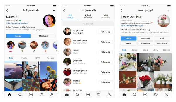 أمثلة على التغييرات المحتملة في ملف تعريف Instagram الخاص بك.