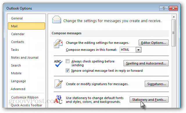 خيارات بريد Outlook 2010