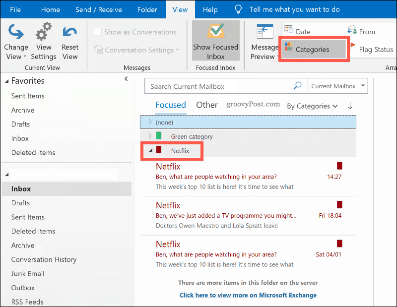 يتم فرز رسائل البريد الإلكتروني حسب فئة اللون في Outlook