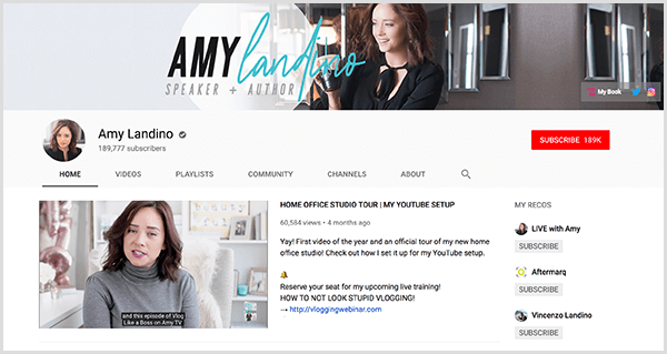 AmyTV هي قناة YouTube التي تم تغيير اسمها إلى Amy Landino. تعرض صفحة القناة صور إيمي والفيديو الذي استخدمته لإطلاق قناتها التي أعيدت تسميتها.