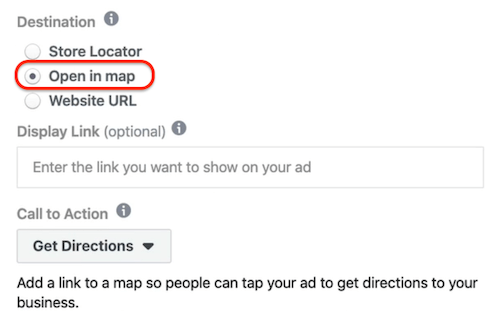تم تحديد خيار Open in Map على مستوى الإعلان في Facebook Ads Manager