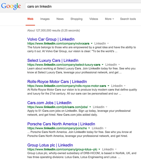 نتائج صفحة شركة لينكد إن في نتائج بحث جوجل للسيارات على لينكد إن