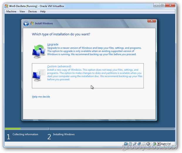 VirtualBox Windows 8 اختيار تثبيت مخصص