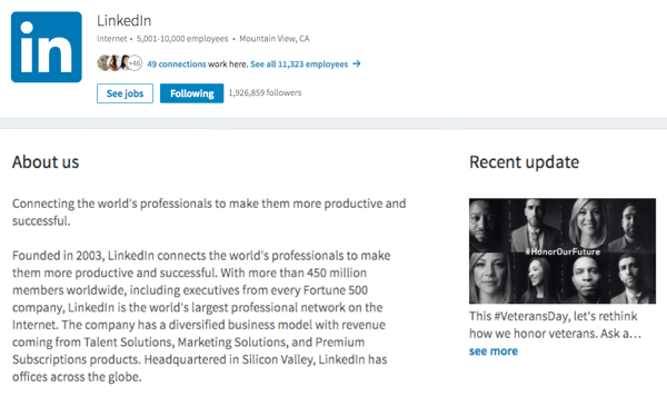 تحقق من صورتك ومن نحن والتحديثات على صفحة شركتك على LinkedIn.