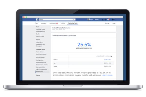 طرح Facebook أداة تحليلات جديدة تقارن أداء المحتوى المنشور من خلال منصة Facebook Instant Articles مقارنة بأداء ويب المحمول الآخر.