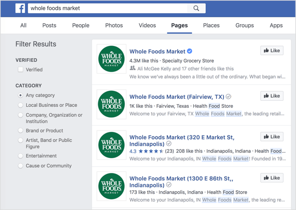 تظهر صفحات الموقع الفردية في بحث Facebook.