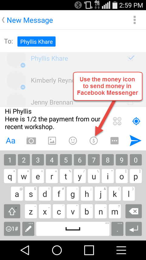 خيار إرسال الأموال في facebook messenger