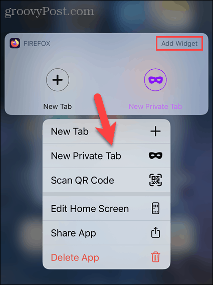 اضغط لفترة طويلة على أيقونة Firefox على نظام iOS وحدد علامة تبويب خاصة جديدة