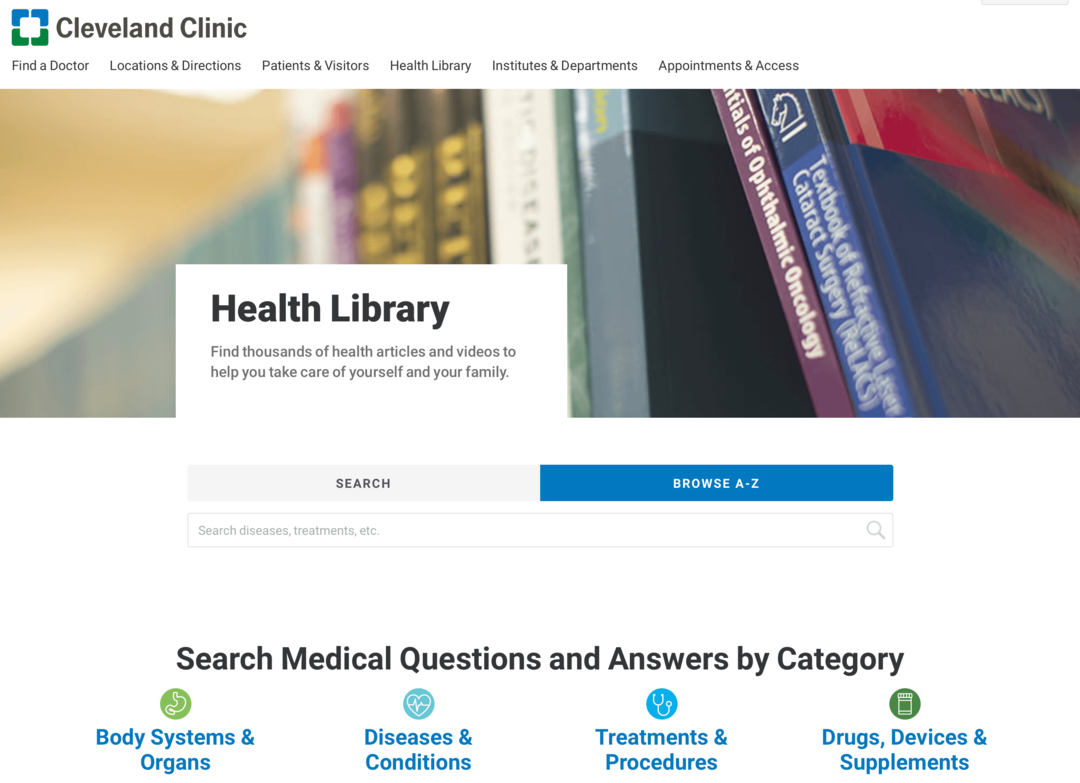 صورة الموقع الإلكتروني لمكتبة كليفلاند كلينك الصحية