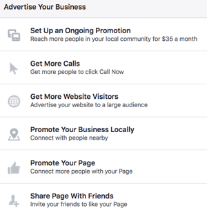 يتيح لك استخدام صفحة Facebook الوصول إلى مجموعة متنوعة من خيارات الإعلان.