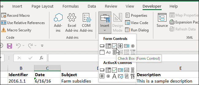 إدراج مربع الاختيار المطور Excel
