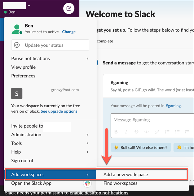 إضافة مساحات عمل Slack متعددة