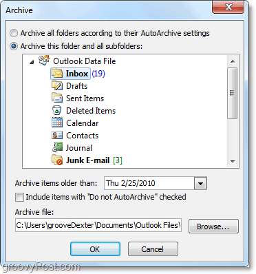 إعدادات الأرشيف اليدوي في Outlook 2010