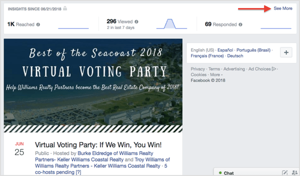 ابحث عن نظرة عامة سريعة على رؤى حدث Facebook الخاص بك في الجزء العلوي من صفحة الحدث.