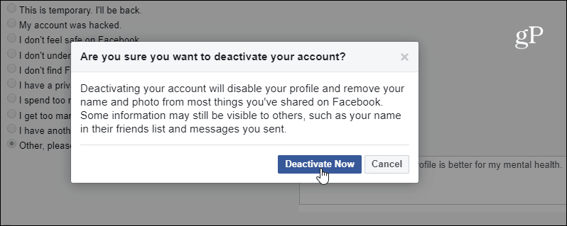 تحقق من إلغاء تنشيط حساب FB
