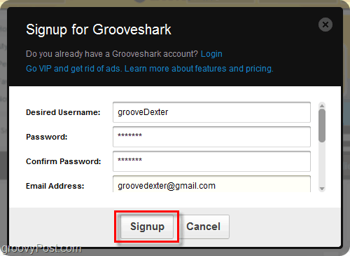 عملية الاشتراك في Grooveshark