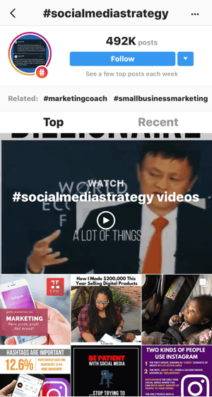 كيف تنمي متابعتك على Instagram بشكل استراتيجي ، الخطوة 11 ، ابحث عن أمثلة ذات صلة بالمشاركات ، ابحث عن عينة لمقاطع فيديو "#socialmediastrategy"