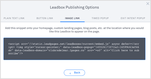 LeadPages Leadbox نشر التعليمات البرمجية 