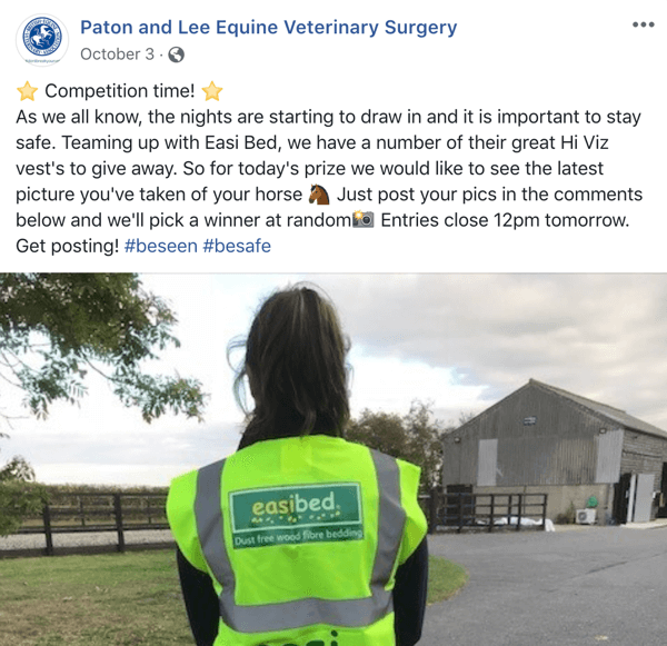 مثال على منشور على Facebook مع مسابقة من Paton و Lee Equine Veterinary Surger.