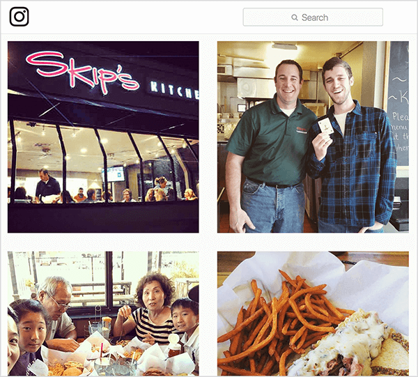 هذه لقطة شاشة لصور Instagram الموسومة #skipsdiner. يُظهر أحدهما المظهر الخارجي للمطعم ، ويظهر أحدهما رجلاً يحمل بطاقة كما لو أنه فاز بلعبة Joker ، ويظهر الآخر عائلة تأكل على طاولة ، والآخر يُظهر الطعام الذي طلبه شخص ما. يقول Jay Baer إن لعبة Joker هي مثال على محفز الحديث.
