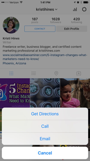 خيارات الاتصال لملف تعريف الأعمال في instagram