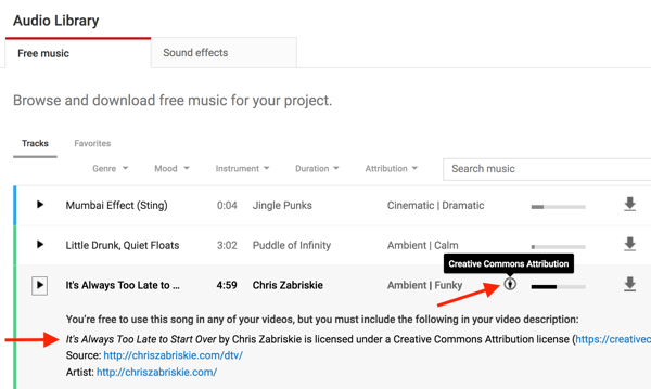 ستلاحظ ملفات الموسيقى في مكتبة الملفات الصوتية في YouTube ما إذا كنت بحاجة إلى اعتماد المنشئ الأصلي.