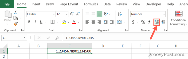 قم بإيقاف تقريب الأرقام في Excel باستخدام زر زيادة العلامة العشرية
