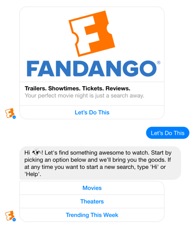 يساعد روبوت الدردشة على Facebook Messenger من Fandango في توجيه المستخدمين من خلال اختيارات الأفلام.