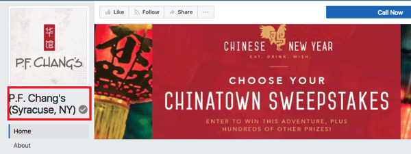 موقع PF Chang's Syracuse، NY له شارة رمادية للإشارة إلى أنها صفحة Facebook تم التحقق منها.