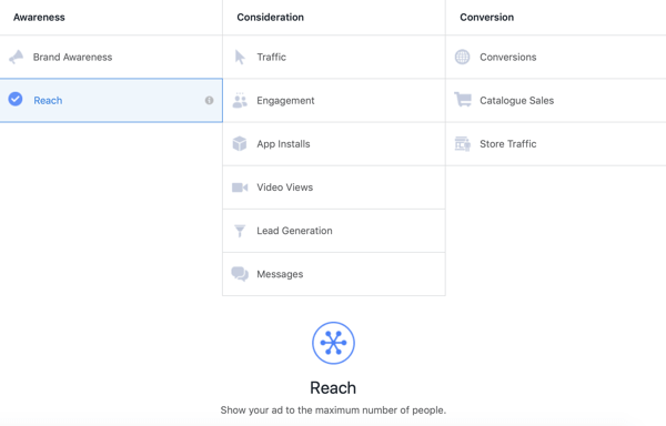 كيفية إنشاء إعلانات الوصول إلى Facebook ، الخطوة 1 ، خيار حملة Reach ضمن Awareness
