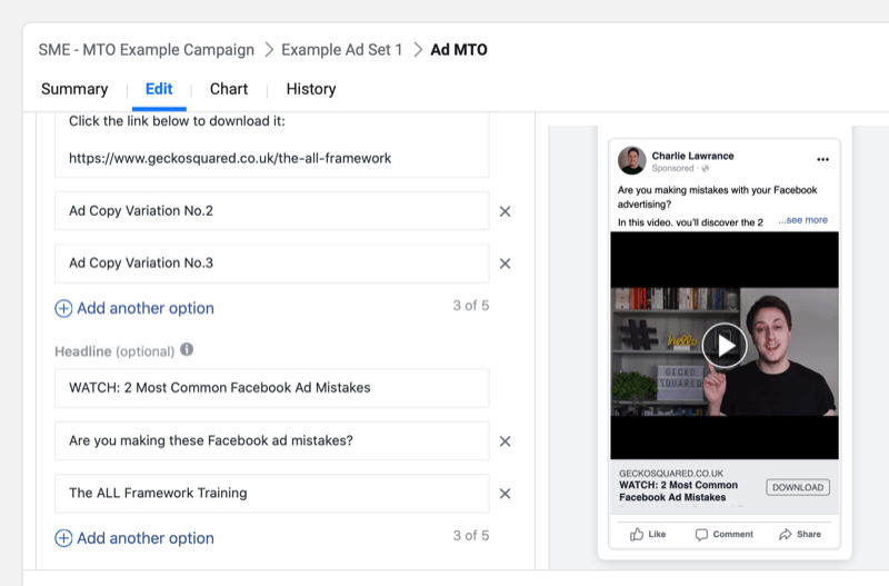 كيفية السماح لفيسبوك بتقديم أفضل نص إعلان تلقائيًا: خيارات نصية متعددة: ممتحن الوسائط الاجتماعية