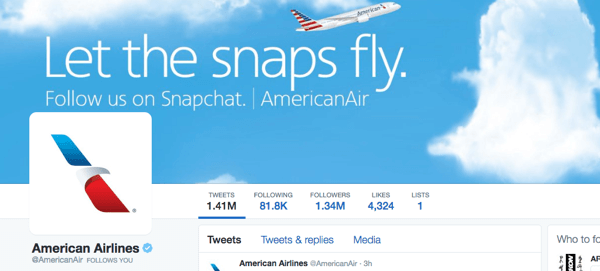 صورة تويتر الخطوط الجوية الأمريكية مع سناب شات