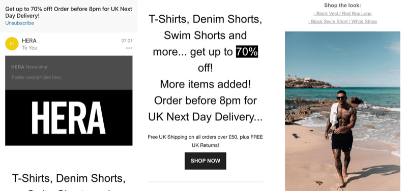 استراتيجية التسويق عبر وسائل التواصل الاجتماعي ؛ لقطة شاشة لحملة تسويق رائعة عبر البريد الإلكتروني للبيع السريع من Hera London (علامة تجارية للأزياء).