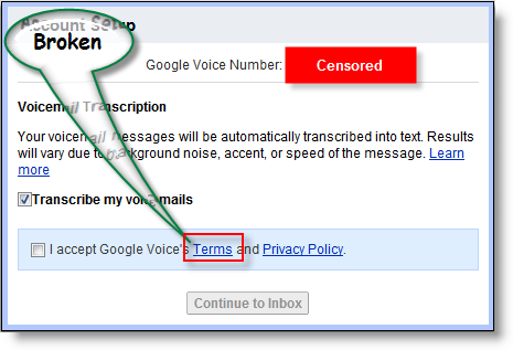 تعطل رابط بنود خدمة Google Voice