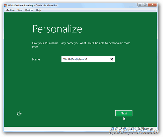VirtualBox Windows 8 تخصيص اسم كمبيوتر الإعداد