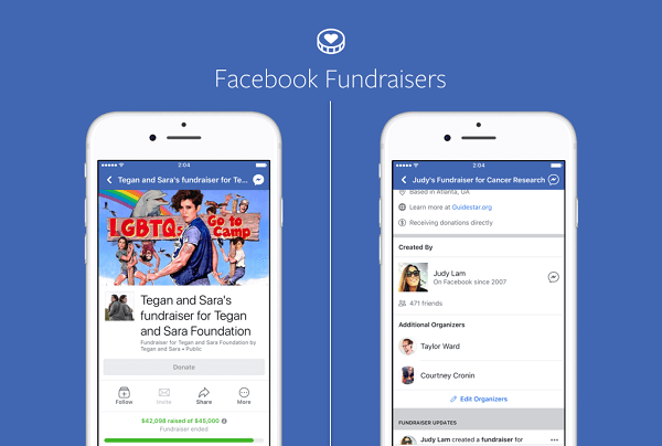 يمكن لصفحات Facebook للعلامات التجارية والشخصيات العامة الآن استخدام جامعي التبرعات على Facebook لجمع الأموال لأسباب غير ربحية ، ويمكن للمنظمات غير الربحية أن تفعل الشيء نفسه على صفحاتها الخاصة.