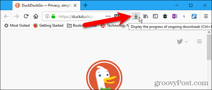 زر التنزيلات على شريط الأدوات في Firefox