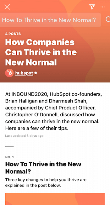 مثال على دليل instagram من hubspot بعنوان كيف يمكن للشركات أن تزدهر في الوضع الطبيعي الجديد مع نصائح من كبار أفراد الشركة يتم تسليمها في مؤتمر الشركة
