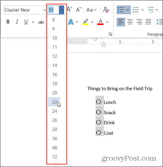 تغيير حجم الرموز النقطية في Word