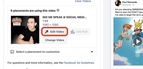 خيار تحرير الفيديو لإعلان فيديو Facebook