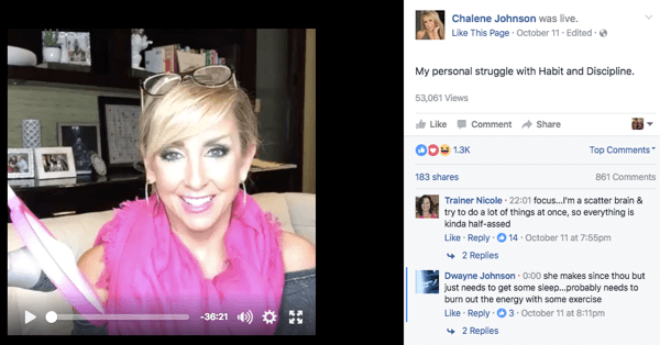 منشور فيديو مباشر على Facebook على صفحة Chalene على Facebook.