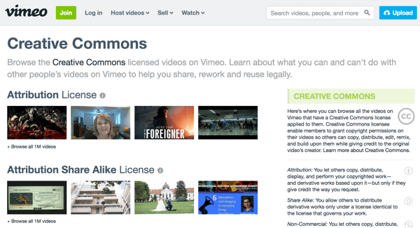 يقوم Vimeo بتجميع لقطات الفيديو حسب نوع الترخيص ويتضمن تفسيرات لكل نوع على اليمين.