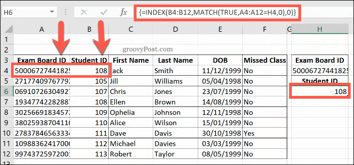مثال على صيغة INDEX و MATCH المدمجة في Excel