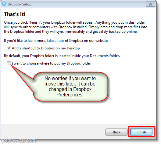 لقطة شاشة Dropbox - ضبط التفضيلات النهائية وتغيير موقع صندوق الإسقاط